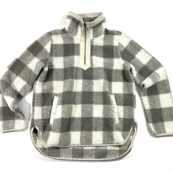 Abercrombie Buffalo Plaid Sherpa Sweatshirt Grey White - Picture 1 of 7